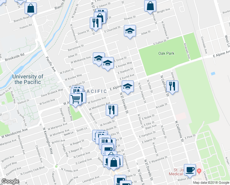map of restaurants, bars, coffee shops, grocery stores, and more near 35 East Sonoma Avenue in Stockton