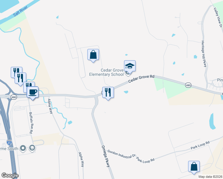 map of restaurants, bars, coffee shops, grocery stores, and more near 1900 Cedar Grove Road in Shepherdsville