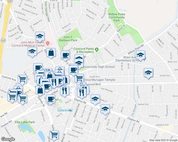 map of restaurants, bars, coffee shops, grocery stores, and more near 2806 Willow Pass Road in Concord