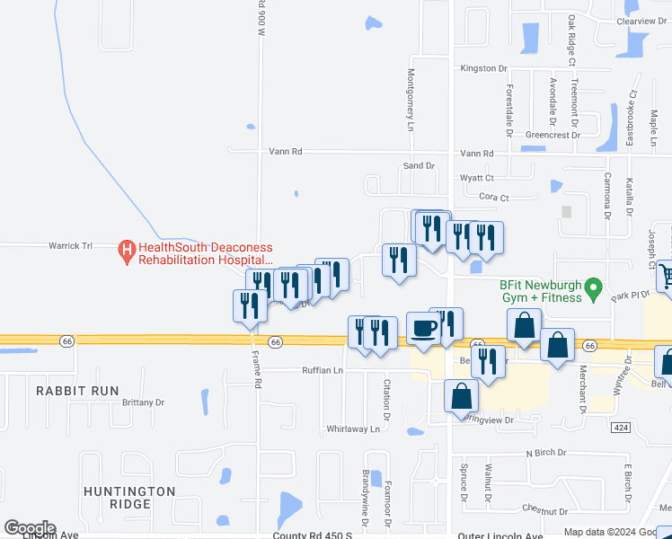 map of restaurants, bars, coffee shops, grocery stores, and more near 8778 High Pointe Drive in Newburgh
