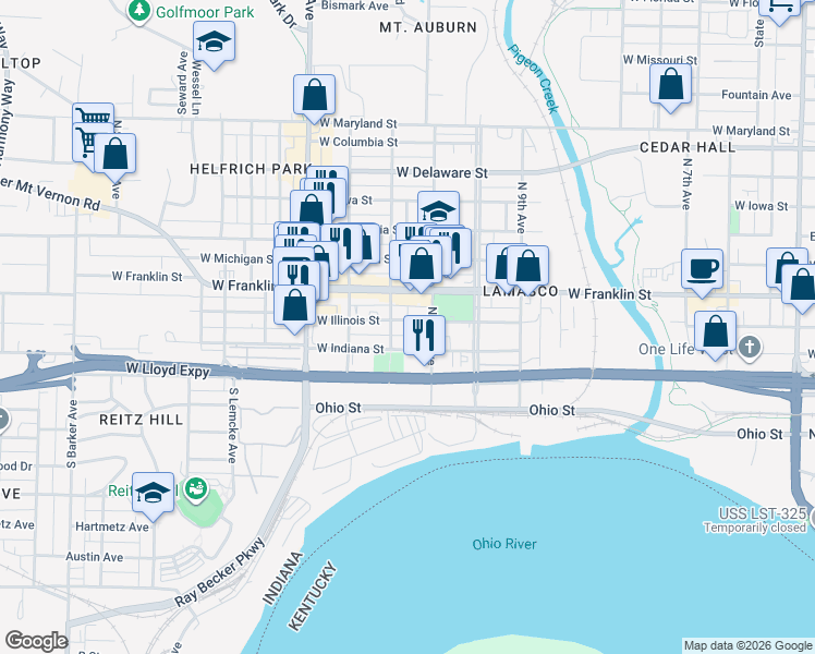 map of restaurants, bars, coffee shops, grocery stores, and more near 2129 West Illinois Street in Evansville