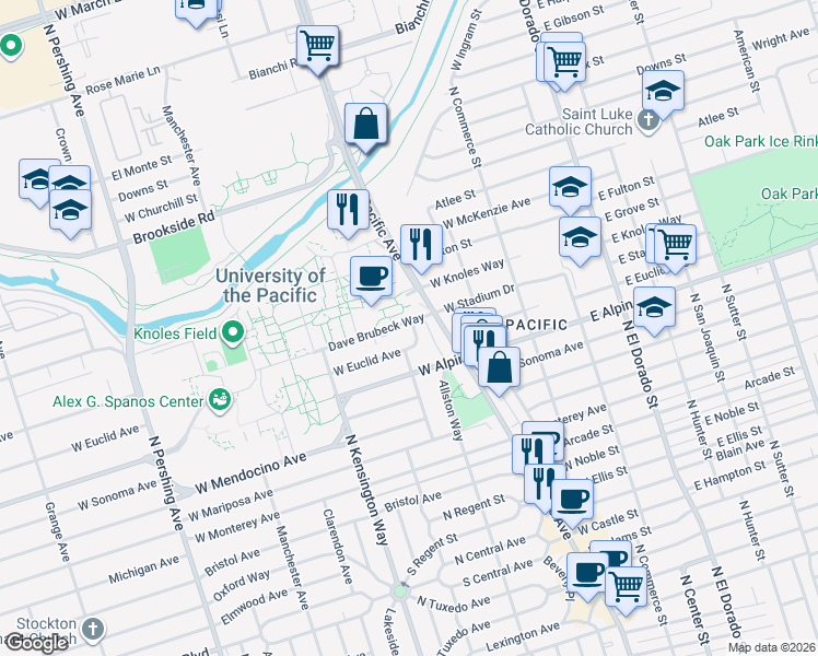 map of restaurants, bars, coffee shops, grocery stores, and more near 265 West Knoles Way in Stockton