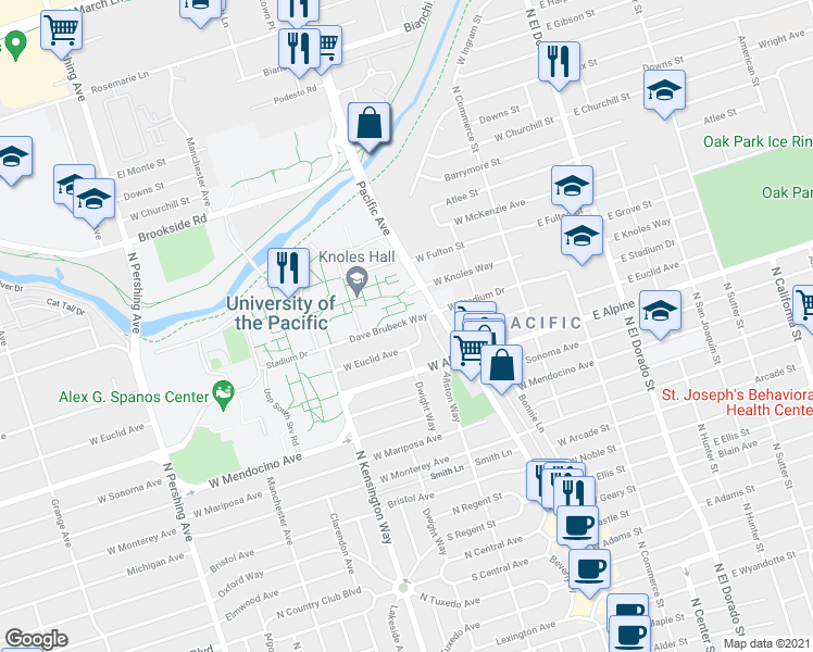 map of restaurants, bars, coffee shops, grocery stores, and more near 265 West Knoles Way in Stockton