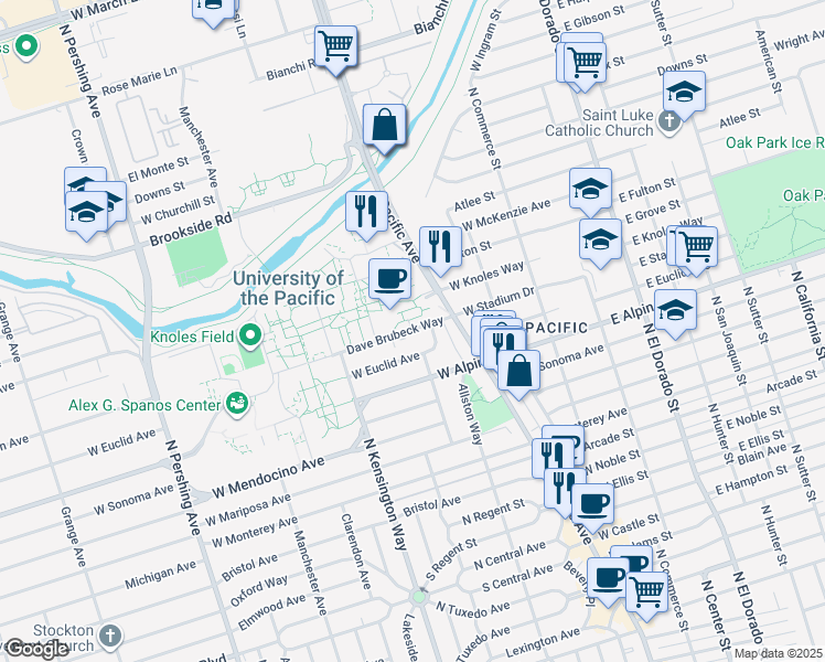 map of restaurants, bars, coffee shops, grocery stores, and more near 265 West Knoles Way in Stockton
