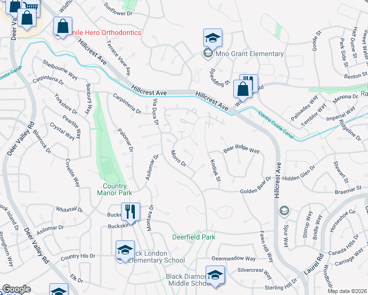 map of restaurants, bars, coffee shops, grocery stores, and more near 2817 Point Reyes Court in Antioch