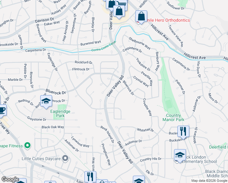 map of restaurants, bars, coffee shops, grocery stores, and more near 4101 Diorite Court in Antioch