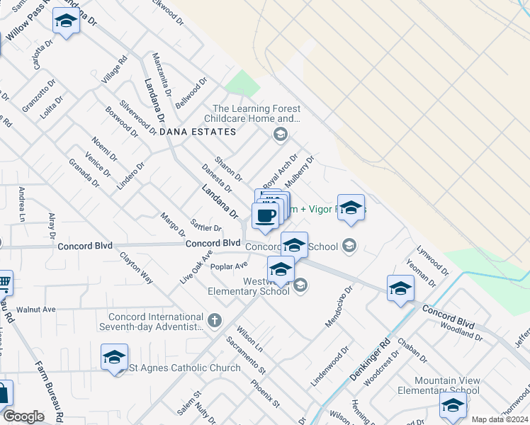 map of restaurants, bars, coffee shops, grocery stores, and more near 1757 Sharon Drive in Concord