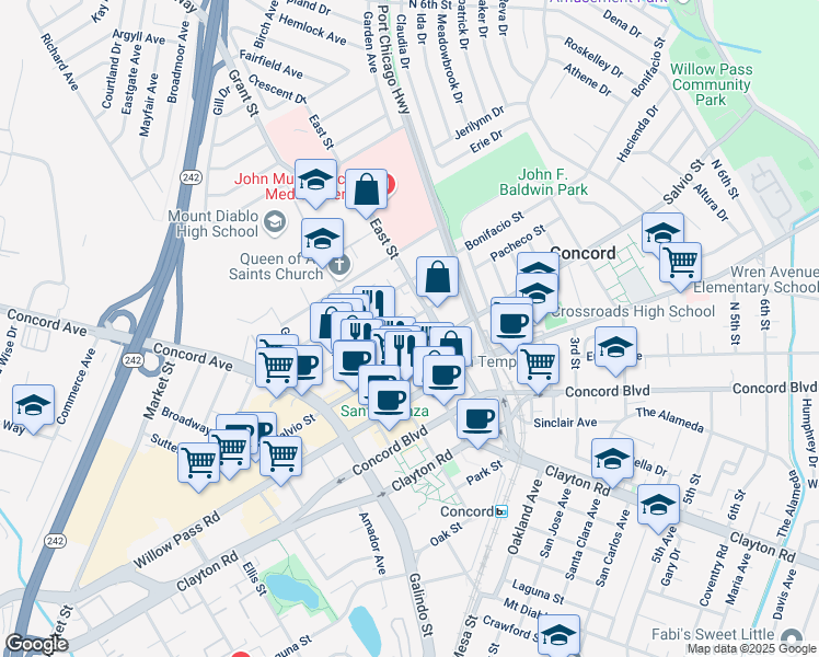 map of restaurants, bars, coffee shops, grocery stores, and more near 2109 East Street in Concord