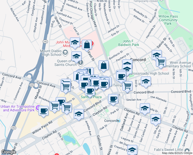 map of restaurants, bars, coffee shops, grocery stores, and more near 2109 East Street in Concord