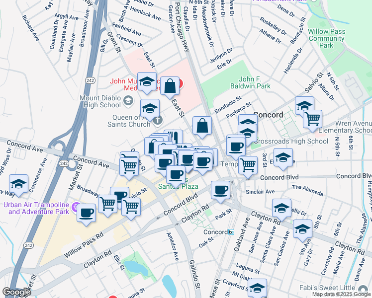 map of restaurants, bars, coffee shops, grocery stores, and more near 2109 East Street in Concord