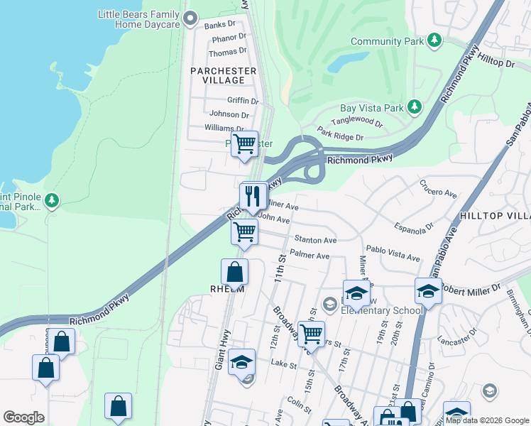 map of restaurants, bars, coffee shops, grocery stores, and more near 933 Miner Avenue in San Pablo
