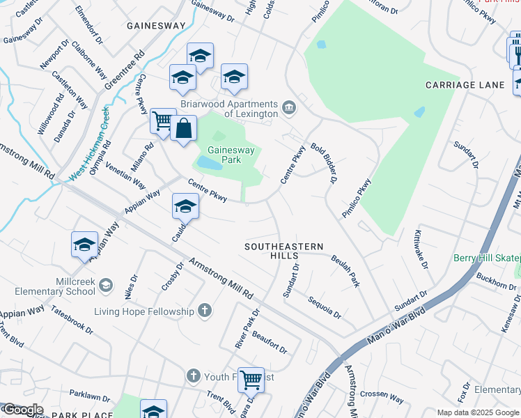 map of restaurants, bars, coffee shops, grocery stores, and more near 1285 Centre Parkway in Lexington