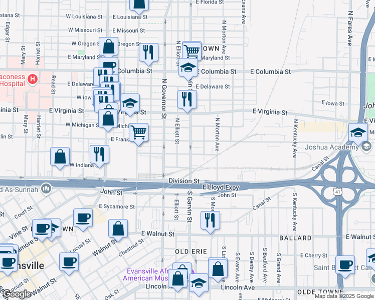 map of restaurants, bars, coffee shops, grocery stores, and more near 600 East Franklin Street in Evansville