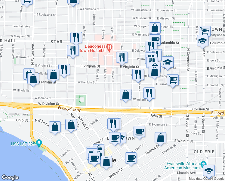 map of restaurants, bars, coffee shops, grocery stores, and more near 220 Harriet Street in Evansville