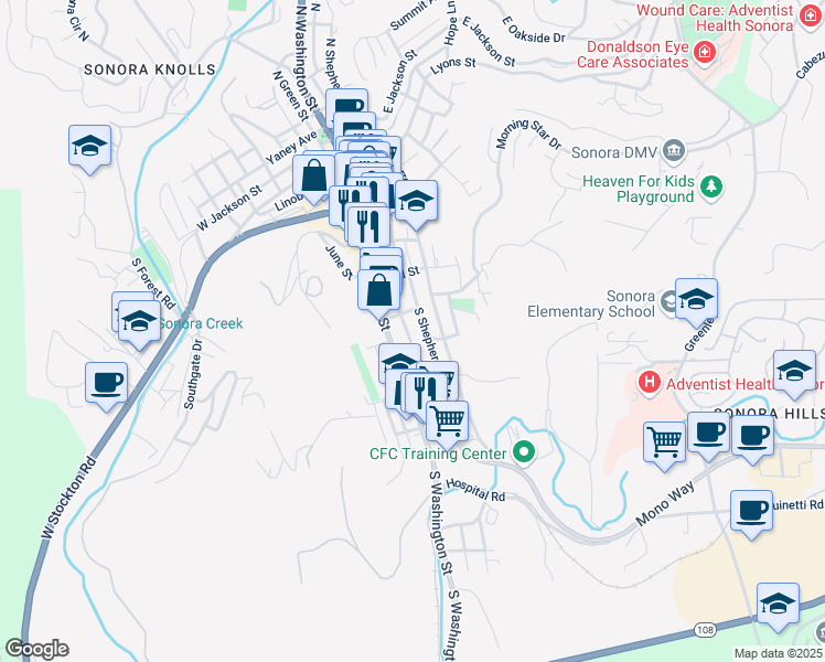 map of restaurants, bars, coffee shops, grocery stores, and more near 445 South Stewart Street in Sonora