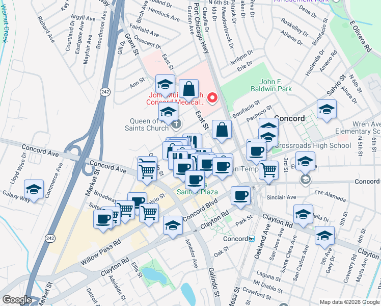 map of restaurants, bars, coffee shops, grocery stores, and more near 2142 Grant Street in Concord