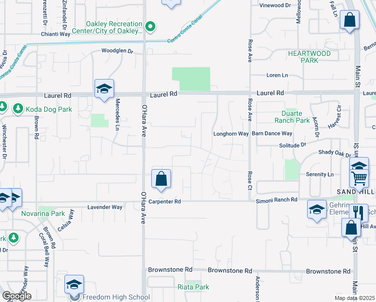 map of restaurants, bars, coffee shops, grocery stores, and more near 297 Eagle Nest Drive in Oakley