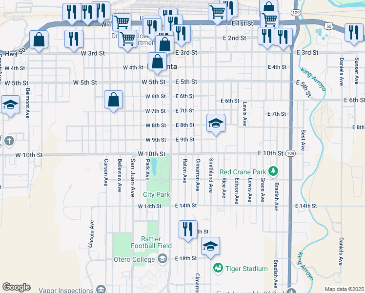 map of restaurants, bars, coffee shops, grocery stores, and more near 801-811 East 9th Street in La Junta