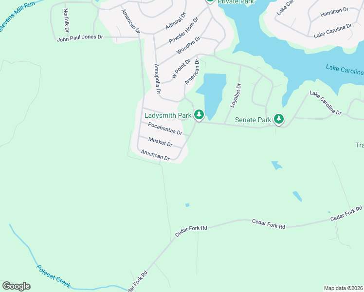 map of restaurants, bars, coffee shops, grocery stores, and more near 153 American Drive in Ruther Glen