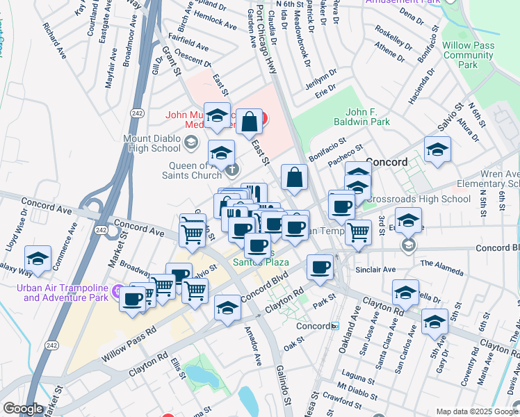 map of restaurants, bars, coffee shops, grocery stores, and more near 2251 Pacheco Street in Concord