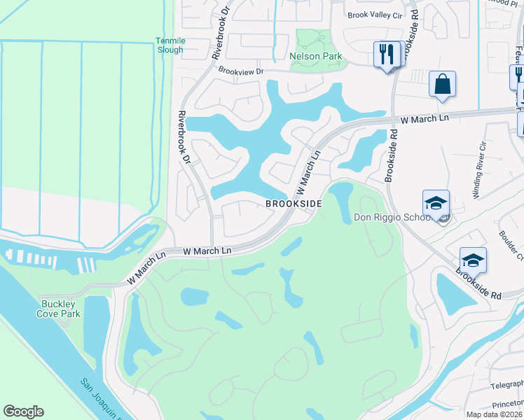 map of restaurants, bars, coffee shops, grocery stores, and more near 4823 Bridgewater Circle in Stockton