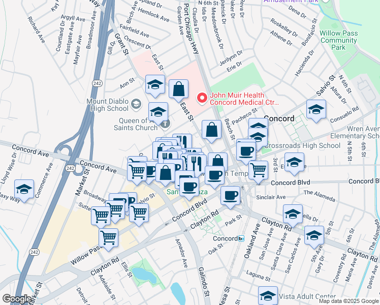 map of restaurants, bars, coffee shops, grocery stores, and more near 2189 Colfax Street in Concord