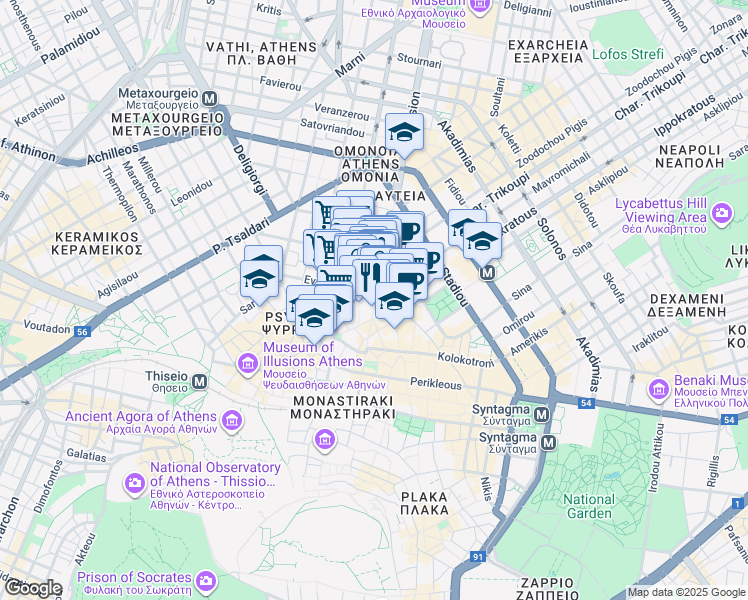 map of restaurants, bars, coffee shops, grocery stores, and more near in Athina