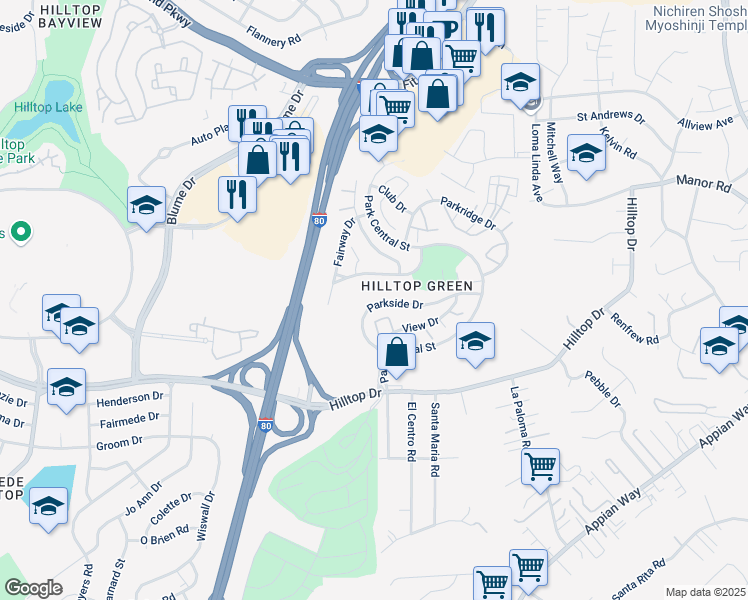 map of restaurants, bars, coffee shops, grocery stores, and more near 989 Parkside Drive in Richmond