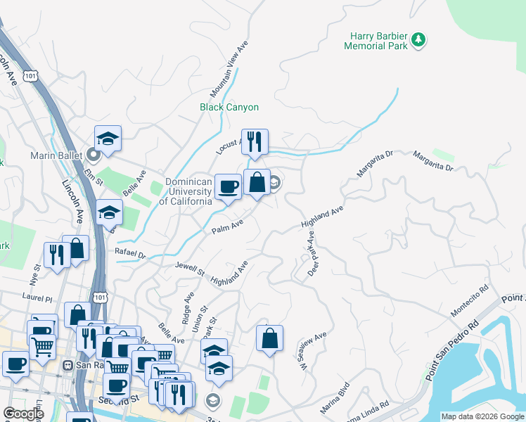 map of restaurants, bars, coffee shops, grocery stores, and more near 180 Palm Avenue in San Rafael