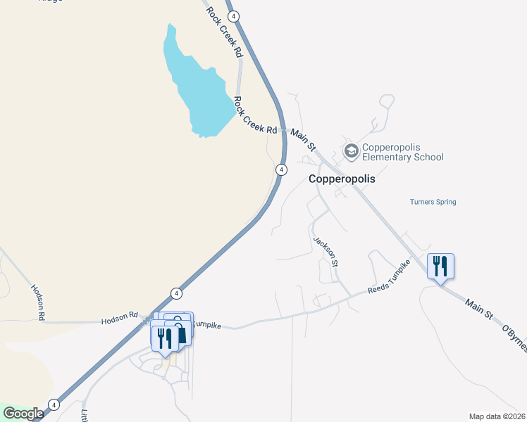 map of restaurants, bars, coffee shops, grocery stores, and more near California 4 in Copperopolis