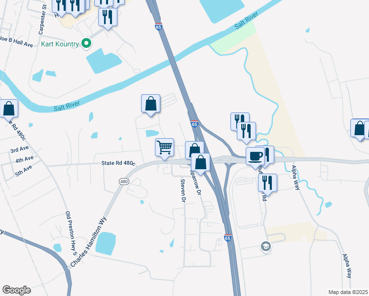 map of restaurants, bars, coffee shops, grocery stores, and more near 196 Dawson Drive in Shepherdsville