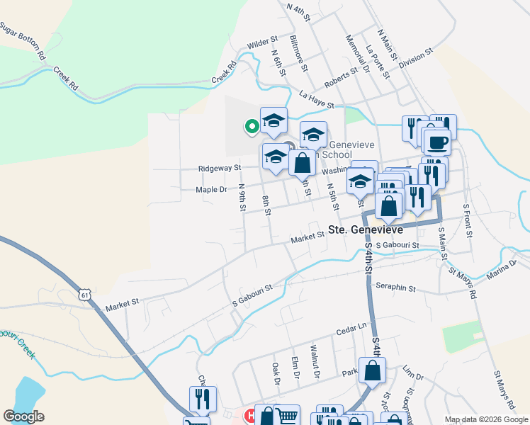 map of restaurants, bars, coffee shops, grocery stores, and more near 145 8th Street in Ste. Genevieve