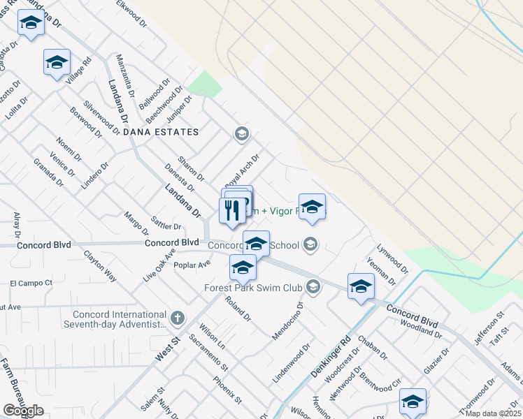 map of restaurants, bars, coffee shops, grocery stores, and more near 1740 Lemonwood Drive in Concord