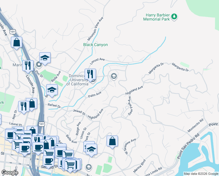 map of restaurants, bars, coffee shops, grocery stores, and more near 180 Palm Avenue in San Rafael