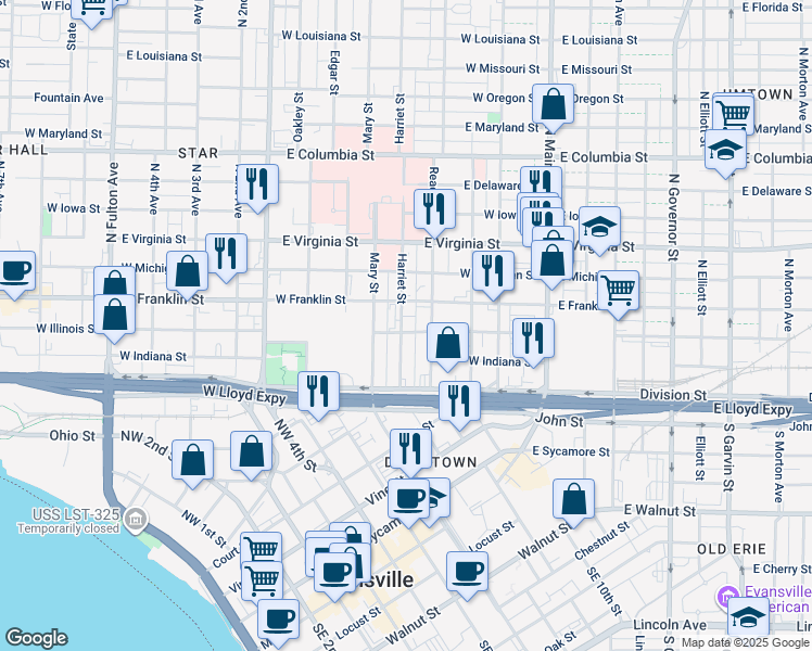map of restaurants, bars, coffee shops, grocery stores, and more near 220 Harriet Street in Evansville