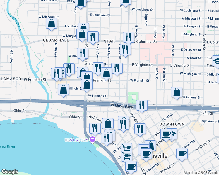 map of restaurants, bars, coffee shops, grocery stores, and more near 215 North 3rd Avenue in Evansville