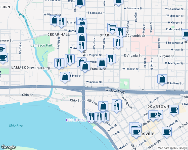 map of restaurants, bars, coffee shops, grocery stores, and more near 1030 West Franklin Street in Evansville