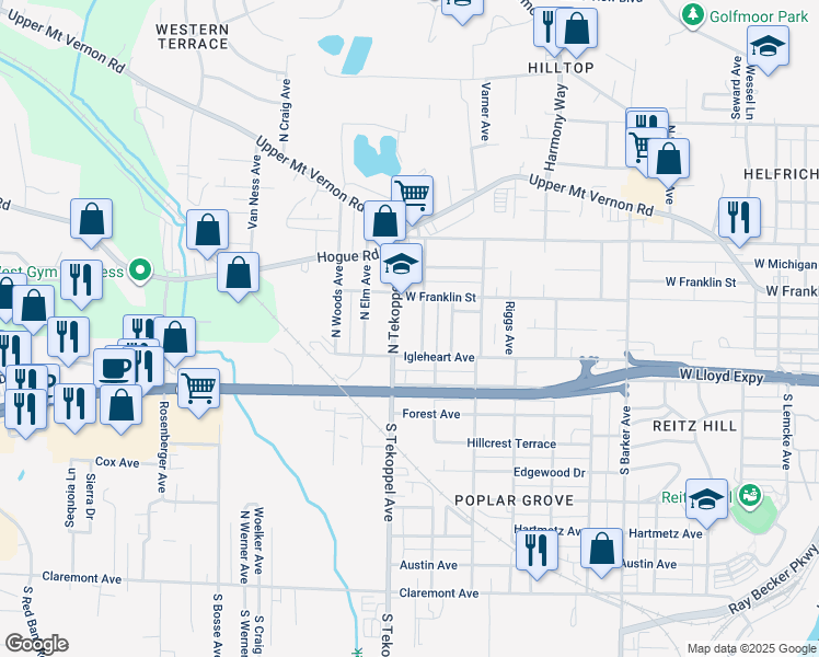 map of restaurants, bars, coffee shops, grocery stores, and more near 111 North Tekoppel Avenue in Evansville