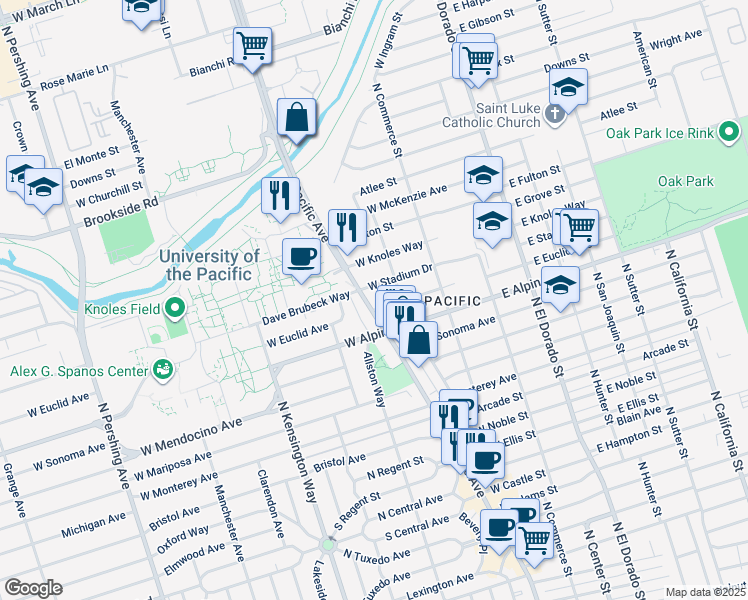 map of restaurants, bars, coffee shops, grocery stores, and more near 3414 Pacific Avenue in Stockton