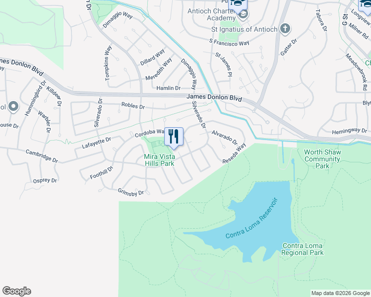 map of restaurants, bars, coffee shops, grocery stores, and more near 2112 Cordoba Way in Antioch