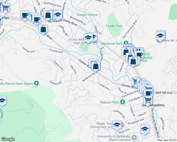 map of restaurants, bars, coffee shops, grocery stores, and more near 1324 San Anselmo Avenue in San Anselmo