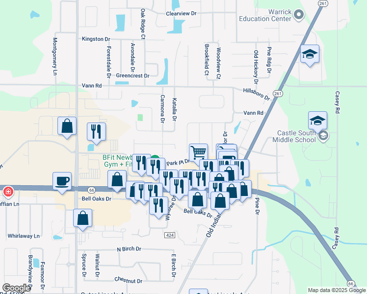 map of restaurants, bars, coffee shops, grocery stores, and more near Carmona Drive in Newburgh