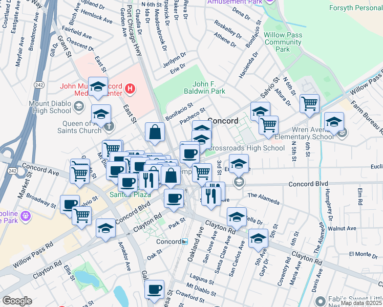 map of restaurants, bars, coffee shops, grocery stores, and more near 2624 Wisteria Way in Concord