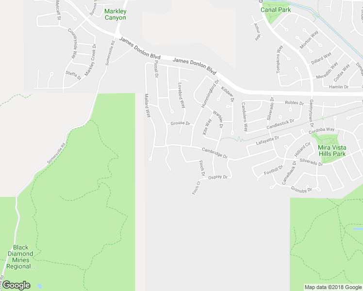 map of restaurants, bars, coffee shops, grocery stores, and more near Cambridge Drive & Finch Drive in Antioch