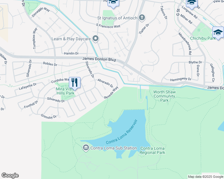 map of restaurants, bars, coffee shops, grocery stores, and more near 2079 Reseda Way in Antioch