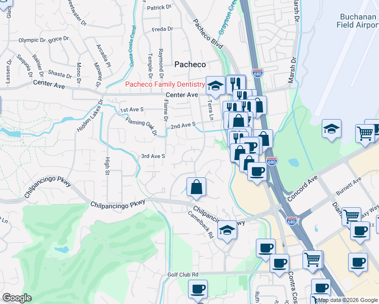 map of restaurants, bars, coffee shops, grocery stores, and more near 825 Camelback Place in Pleasant Hill