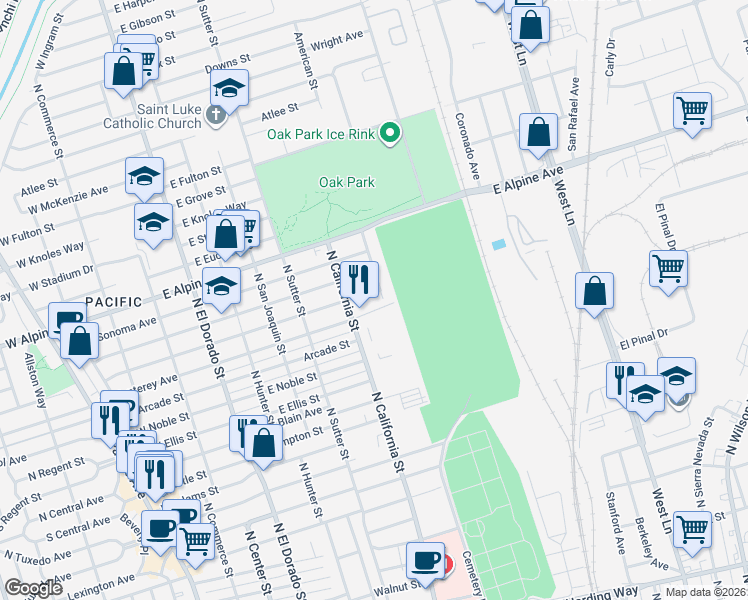 map of restaurants, bars, coffee shops, grocery stores, and more near 548 East Mariposa Avenue in Stockton