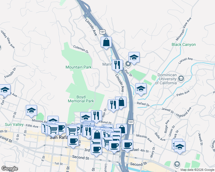 map of restaurants, bars, coffee shops, grocery stores, and more near 4 Coleman Drive in San Rafael