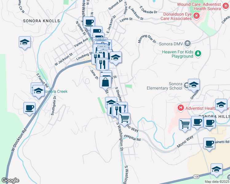 map of restaurants, bars, coffee shops, grocery stores, and more near 384 Barretta Street in Sonora