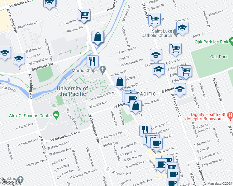 map of restaurants, bars, coffee shops, grocery stores, and more near 3502 North Pacific Avenue in Stockton